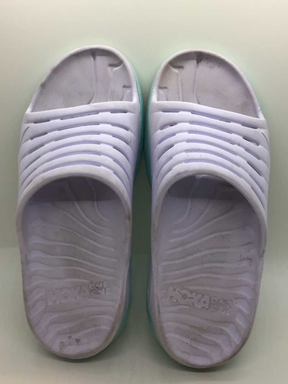 Hoka White Slide Sandals with Mint Green Sole